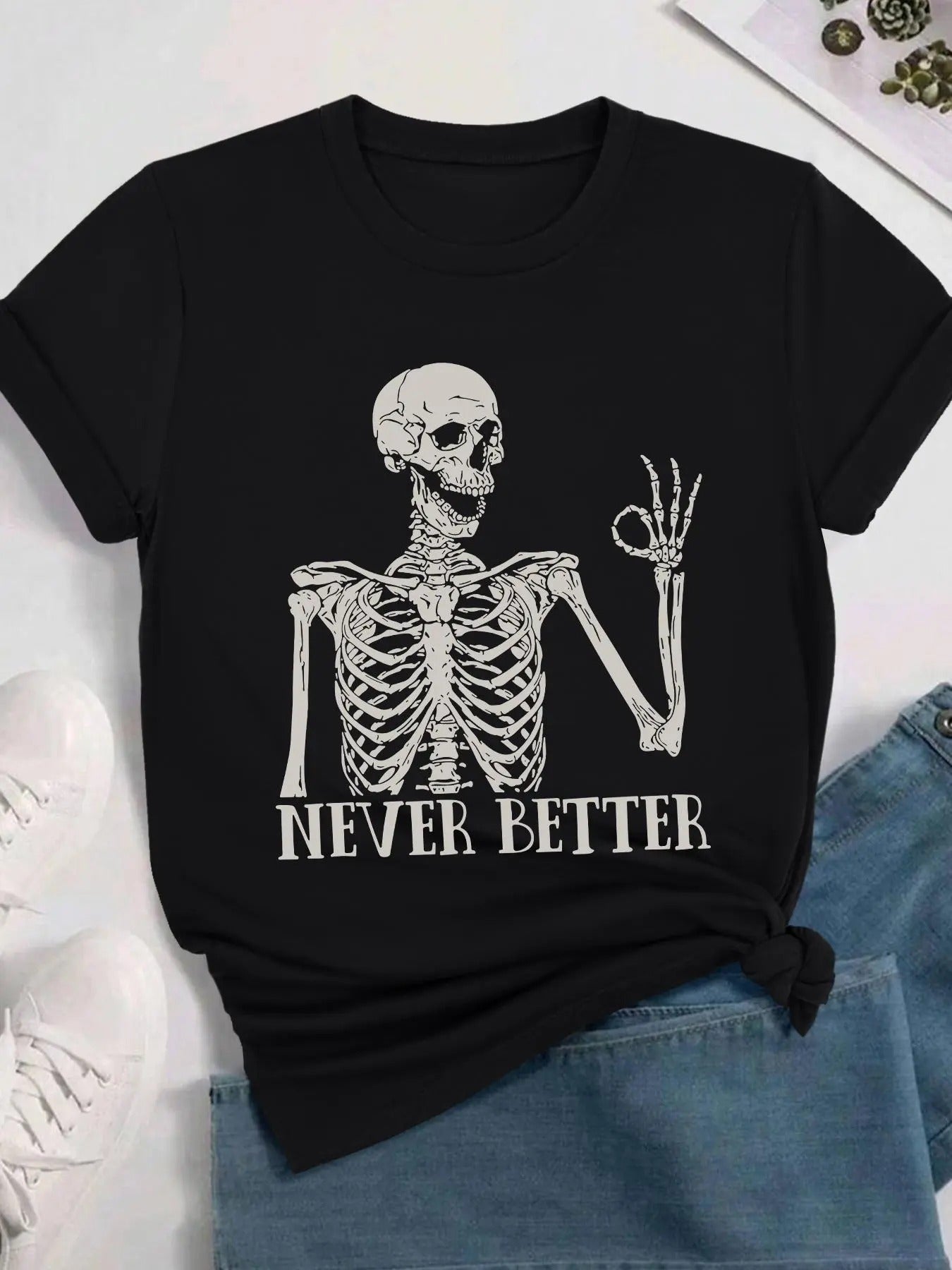 Women's Skeleton & Letter Print Round Neck Graphic Tee, Vintage Trendy Casual Short Sleeve T-shirt for Daily Wear, Ladies...