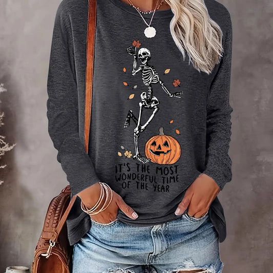Women's Skeleton & Pumpkin & Letter Print Round Neck Tee, Casual Long Sleeve Crew Neck Top for Fall & Winter, Women's...