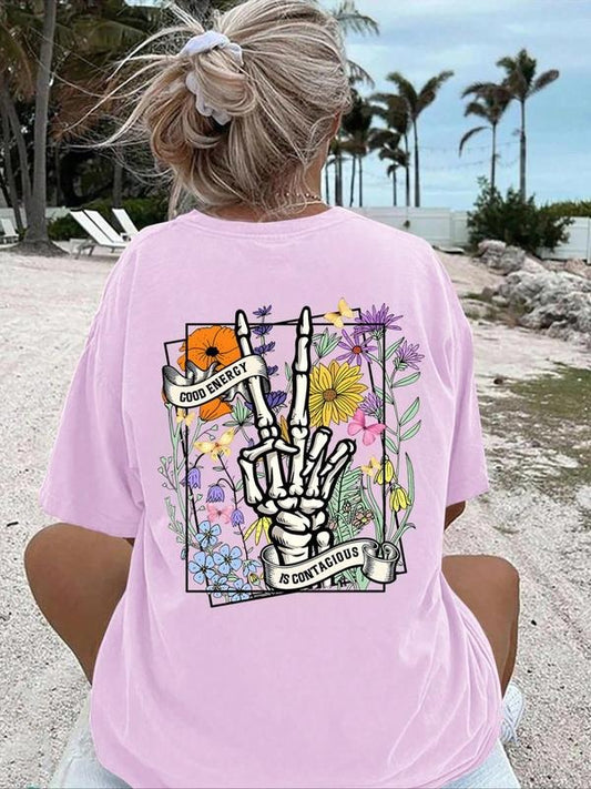 Women's Skeleton Hand & Floral Print T-Shirt, Casual Short Sleeve Round Neck Tee, Summer Streetwear Top, Ladies Fashion...
