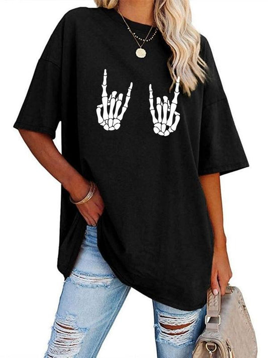 Women's Skeleton Hand Print Drop Shoulder Tee, Personalized Casual Graphic Half Sleeve Round Neck T-Shirt for Summer,...