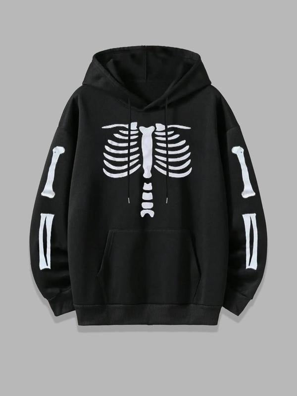 Women's Skeleton Print Drop Shoulder Hoodie, Fashion Casual Drawstring Pocket Hooded Sweatshirt for Daily Holiday Outdoor...