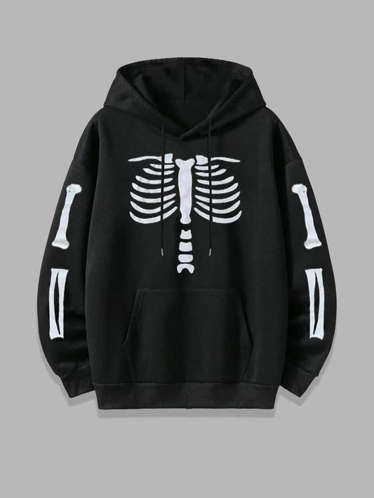 Women's Skeleton Print Drop Shoulder Hoodie, Fashion Casual Drawstring Pocket Hooded Sweatshirt for Daily Holiday Outdoor...