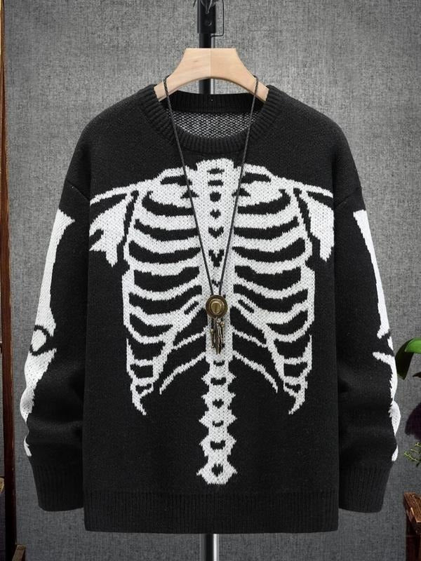 Women's Skeleton Print Drop Shoulder Sweater, Casual Long Sleeve Round Neck Jumper for Fall & Winter, Fashion Ladies'...