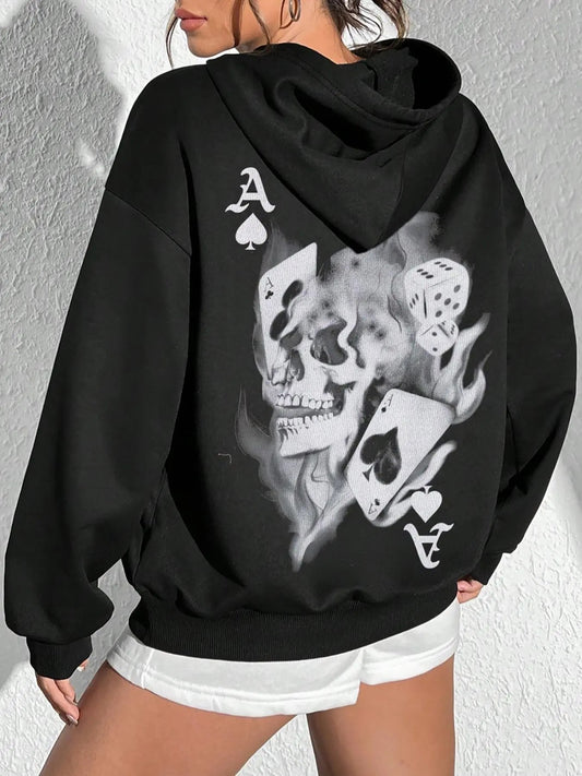 Women's Skull & Dice Print Drop Shoulder Hoodie, Fashion Casual Drawstring Hooded Sweatshirt for Daily Holiday Outdoor...