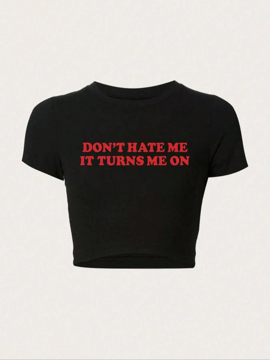 Women's Slogan Print Round Neck Crop Tee, Fashion Casual Crew Neck Drop Shoulder Skinny T-Shirt for Daily Holiday...