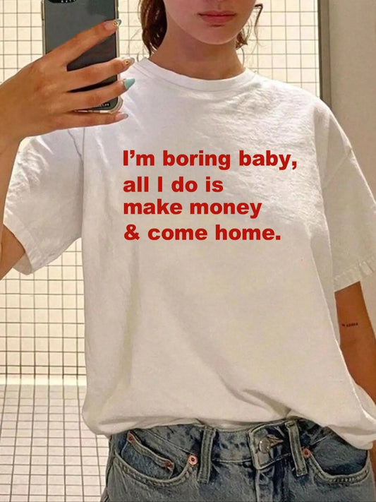 Women's Slogan Print Round Neck Drop Shoulder Tee, Fashion Casual Crew Neck T-shirt for Daily Holiday Vacation Outdoor...