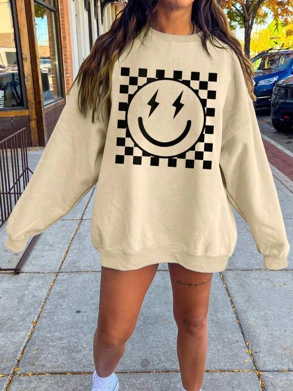 Women's Smile Face & Plaid Print Drop Shoulder Thermal Lined Sweatshirt, Casual Long Sleeve Round Neck Pullover for Fall...