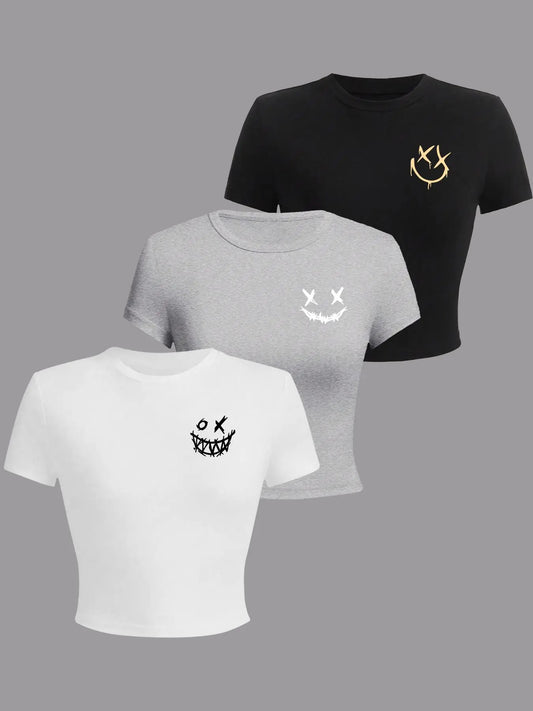 Women's Smile Face Print Round Neck Tee, Casual Short Sleeve Crew Neck T-shirt for Summer, Fashion Women's Top for Daily...