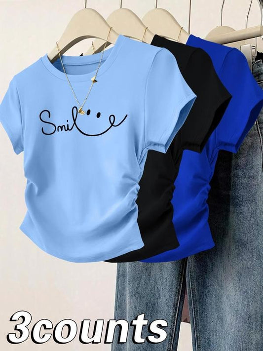 Women's Smile Face Print Round Neck Tee, Casual Short Sleeve T-shirt for Daily Wear, Ladies Clothes for All Seasons, Top...