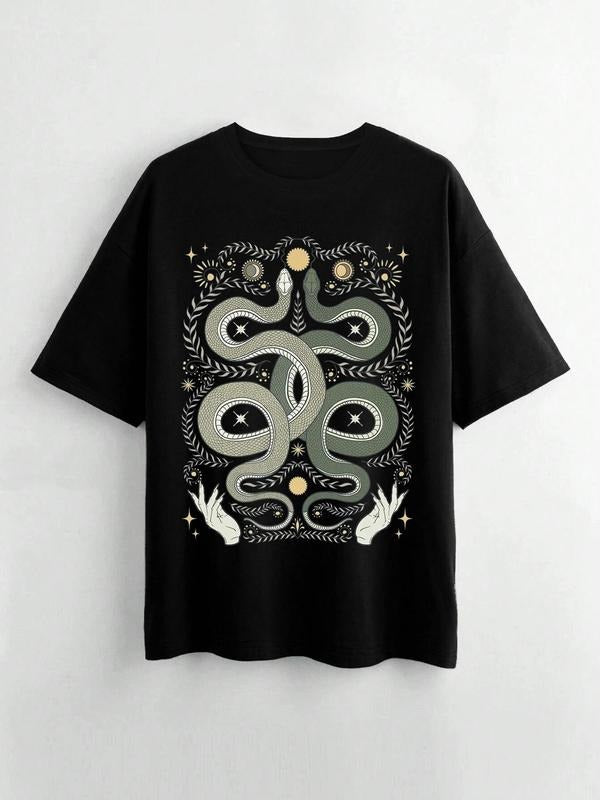 Women's Snake & Star & Moon Print Round Neck Tee, Vintage Trendy Casual Short Sleeve T-shirt for Daily Wear, Ladies...