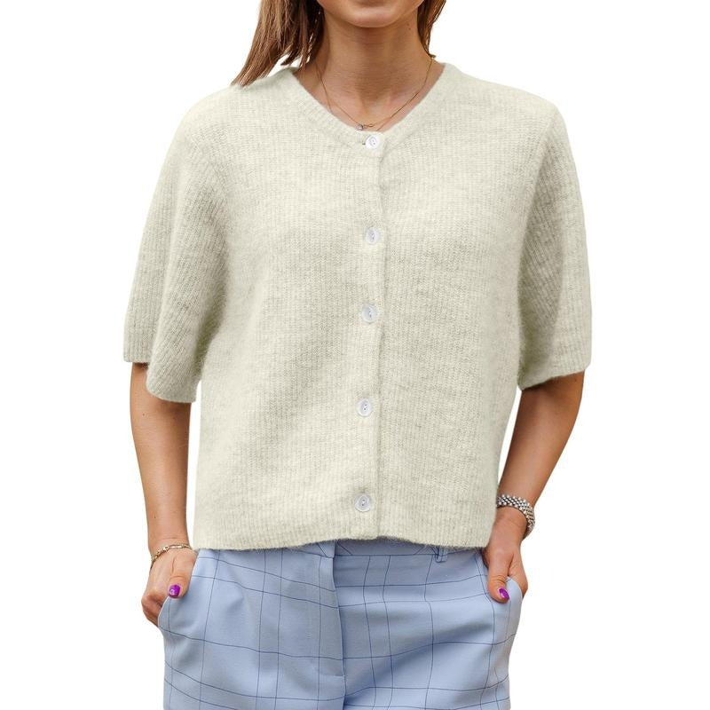 Women's Solid Color Cardigan Short Sleeve Round Neck Button Down Sweater Knit Tops T-Shirts, Hoodie, Sweatshirt