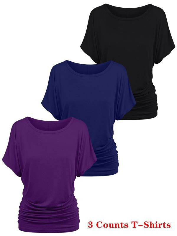 Women's Solid Color Curved Hem Tee, Casual Short Sleeve Round Neck T-Shirt for Daily Wear, Ladies Clothes for All...