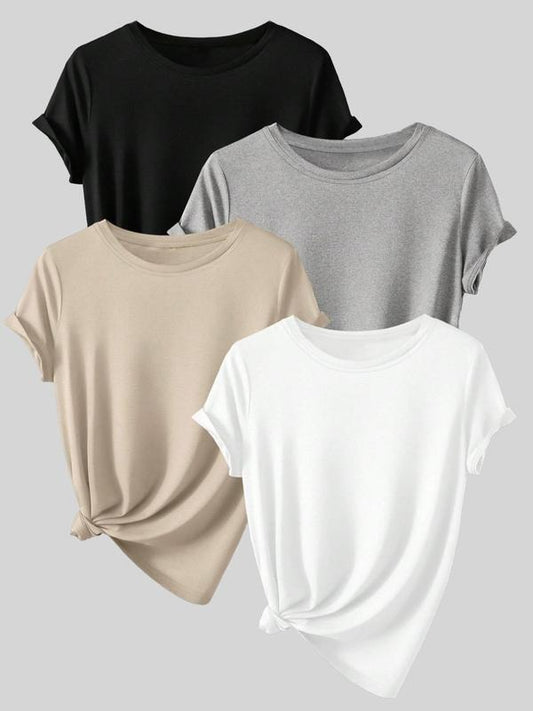 Women's Solid Color Round Neck Tee, Casual Basic Soft Fit Minimalist Breathable Short Sleeve Crew Neck T-Shirt for...