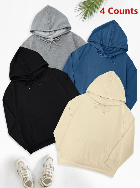 Women's Solid Drop Shoulder Drawstring Hoodie, Fashion Casual Kangaroo Pocket Hooded Sweatshirt for Daily Holiday Outdoor...