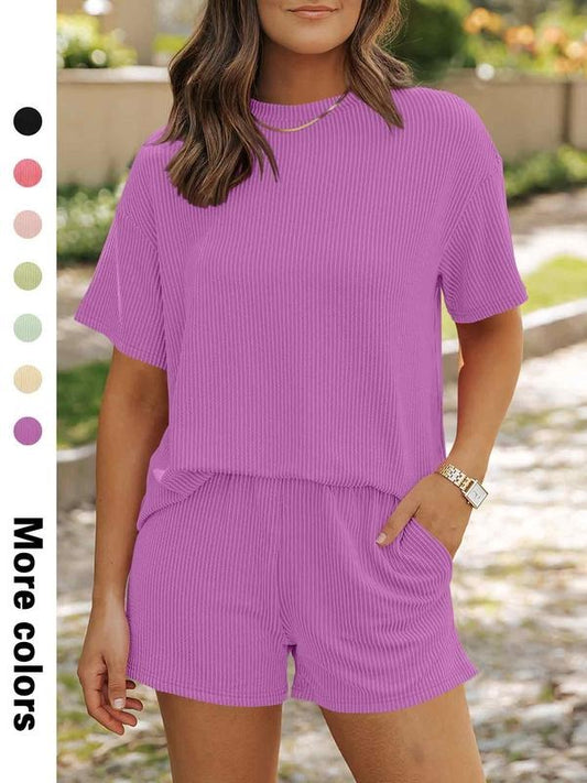 Women's Solid Ribbed Short Sleeve Tee & Shorts Two-piece Set, Casual Round Neck T-shirt & Shorts for Summer, Ladies...