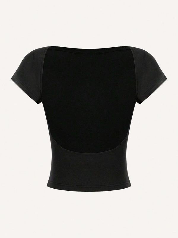Women's Solid Round Neck Backless Crop Tee, Casual Short Sleeve T-shirt for Summer, Ladies Clothes for Daily Wear Hoodie,...