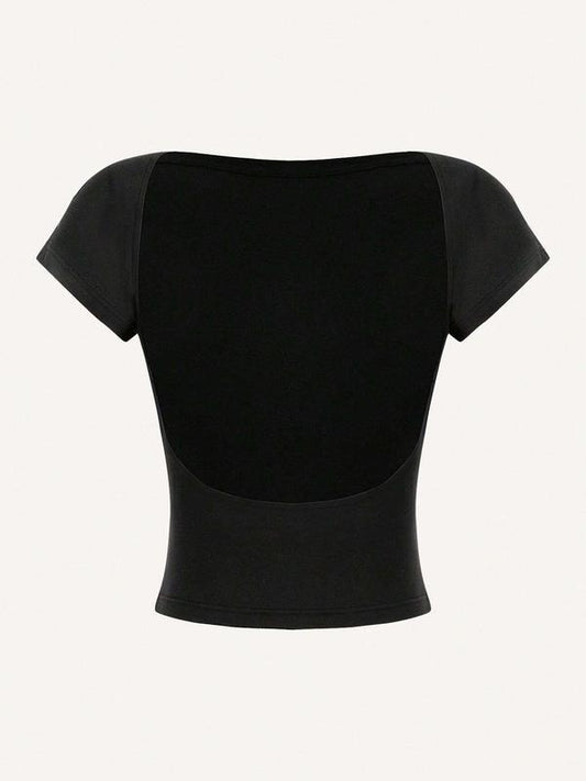 Women's Solid Round Neck Backless Crop Tee, Casual Short Sleeve T-shirt for Summer, Ladies Clothes for Daily Wear Hoodie,...