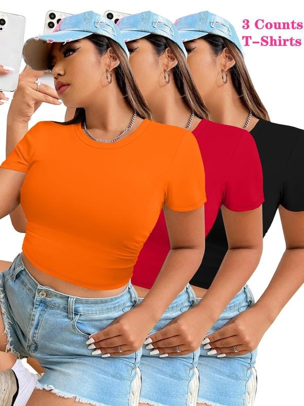 Women's Solid Round Neck Crop Tee, Casual Short Sleeve Crew Neck T-shirt for Daily Wear, Ladies Clothes for All Seasons...