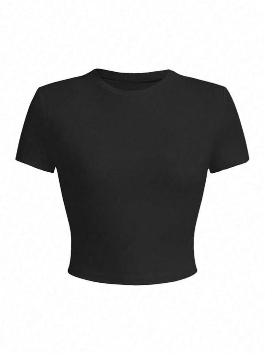 Women's Solid Round Neck Crop Tee, Casual Short Sleeve Crew Neck T-shirt for Summer, Fashion Women's Top for Daily Wear...