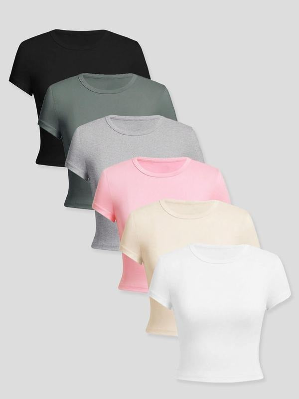 Women's Solid Round Neck Tee, Casual Short Sleeve Crew Neck T-shirt for Fall & Winter, Women's Top for Daily Wear Hoodie,...