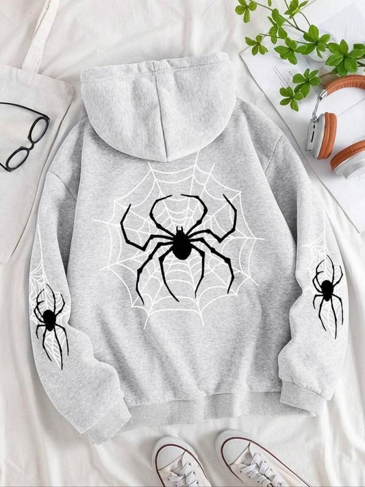 Women's Spider Web & Spider Print Drawstring Pocket Hoodie, Fashion Casual Drop Shoulder Hooded Sweatshirt for Daily...