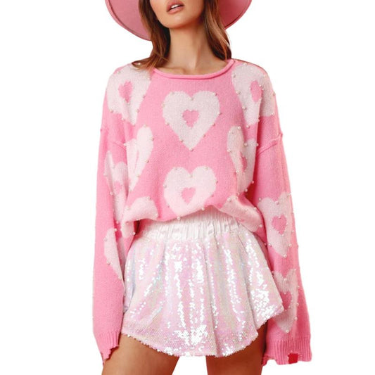 Women's Spring Autumn Knit Sweater Long Sleeve Crewneck Heart Print Pearl Decor Knitwear T-Shirts, Hoodie, Sweatshirt