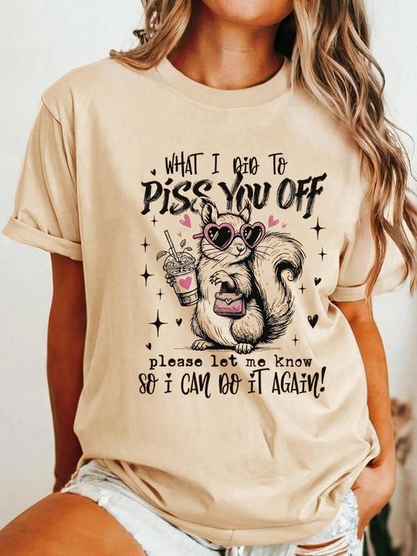 Women's Squirrel & Letter Print Round Neck Tee, Fashion Casual Crew Neck T-Shirt for Daily Holiday Vacation Outdoor Wear,...