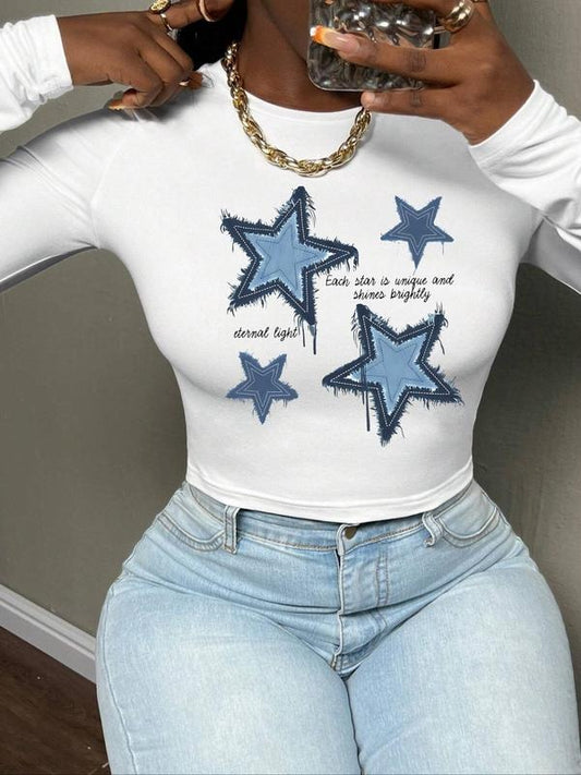 Women's Star & Letter Print Round Neck  Crop Tee, Fashion Casual Crew Neck T-shirt for Daily Holiday Vacation Outdoor...