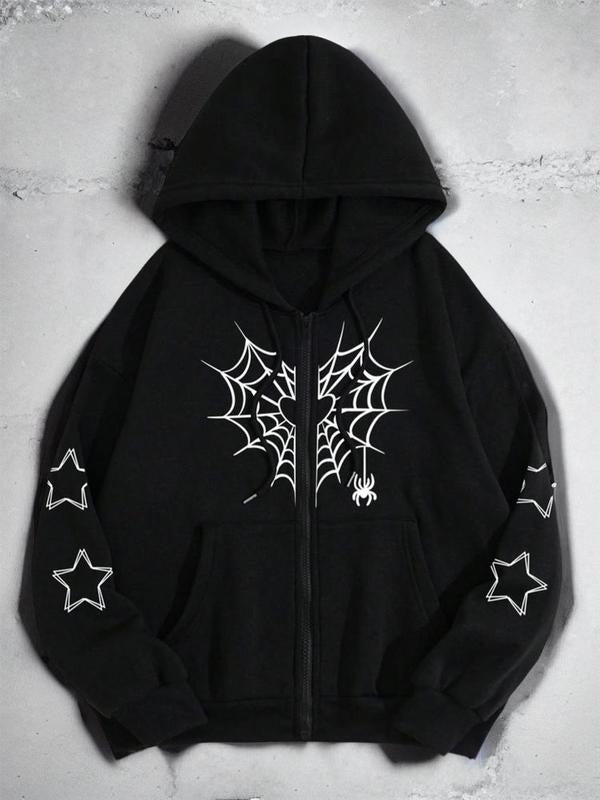 Women's Star & Spider Web Print Drop Shoulder Zip Up Hoodie, Spider Hoodie, Fashion Casual Drawstring Pocket Hooded...