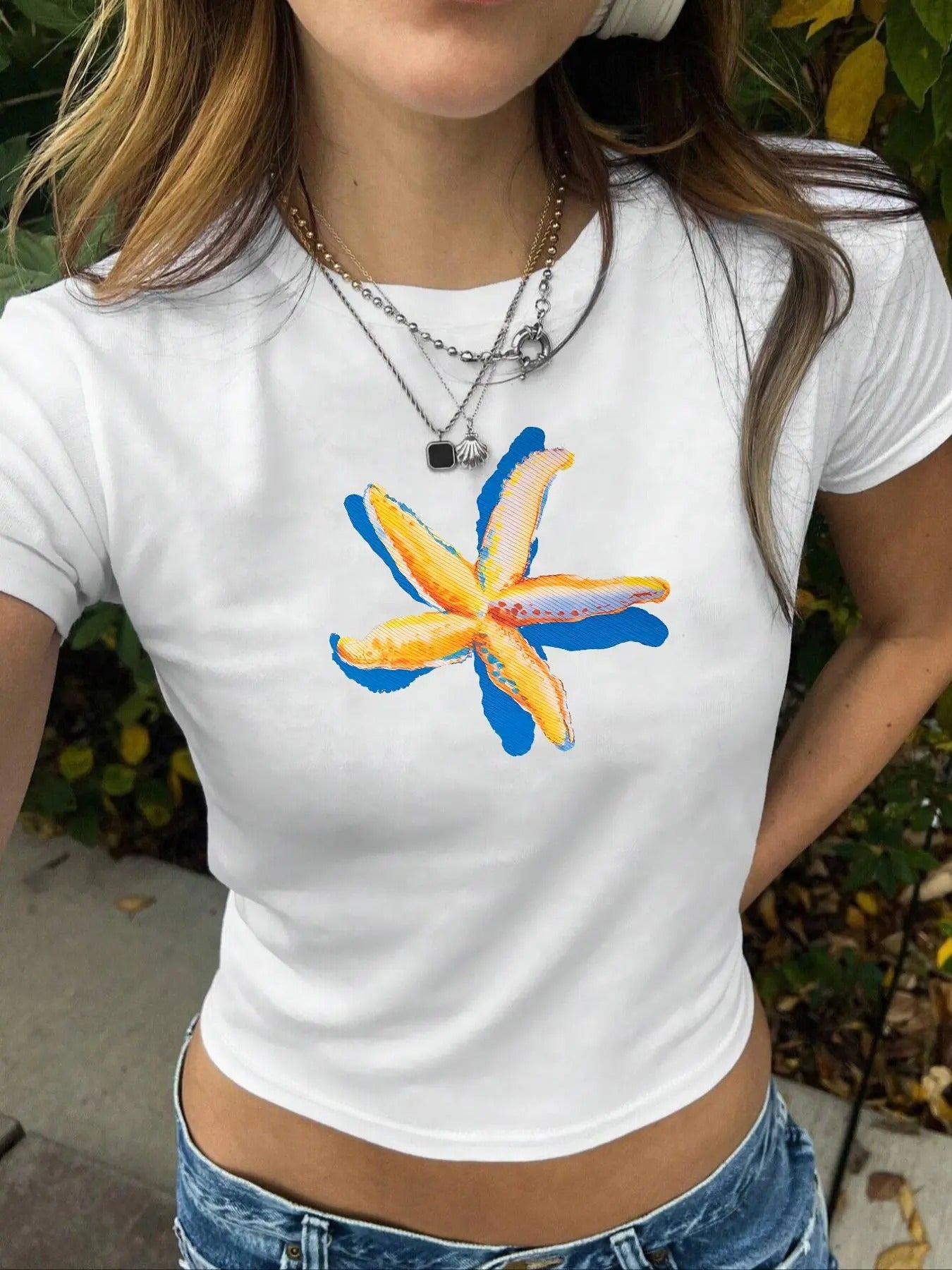 Women's Starfish Print Round Neck Tee, Casual Short Sleeve Crew Neck T-shirt for Summer, Fashion Women's Top for Daily...