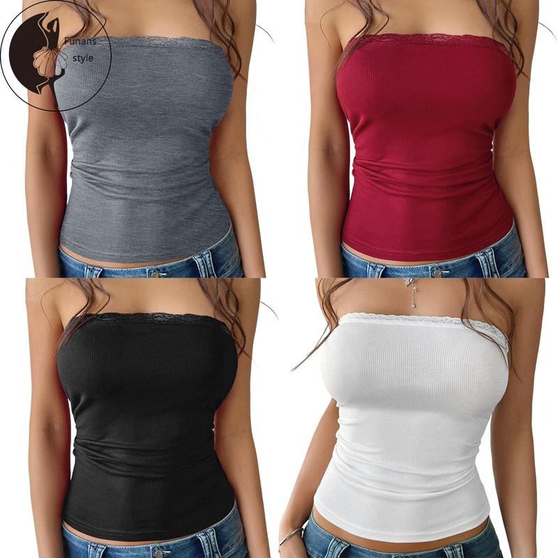 Women's Strapless Tops for Summer Stylish Solid Lace Trim KittedFit Crop Tube T-Shirt Hoodie, Sweatshirt | WearSparks.com