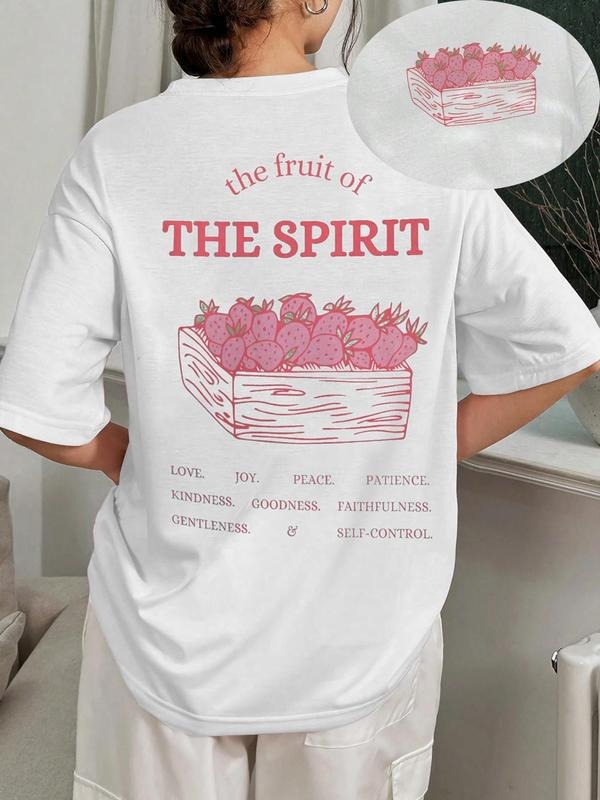 Women's Strawberry & Letter Print Round Neck Graphic Tee, Vintage Trendy Casual Short Sleeve T-shirt for Daily Wear,...