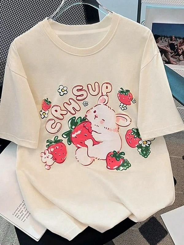 Women's Strawberry & Rabbit Print Round Neck Tee, Fashion Casual Crew Neck T-Shirt for Daily Holiday Vacation Outdoor...