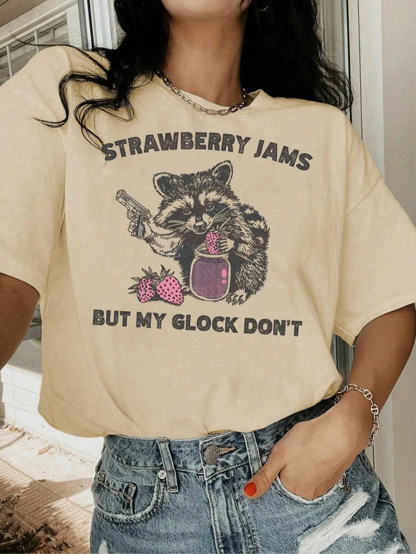 Women's Strawberry & Raccoon Print Round Neck Tee, Fashion Casual Drop Shoulder Short Sleeve T-shirt for Daily Wear,...