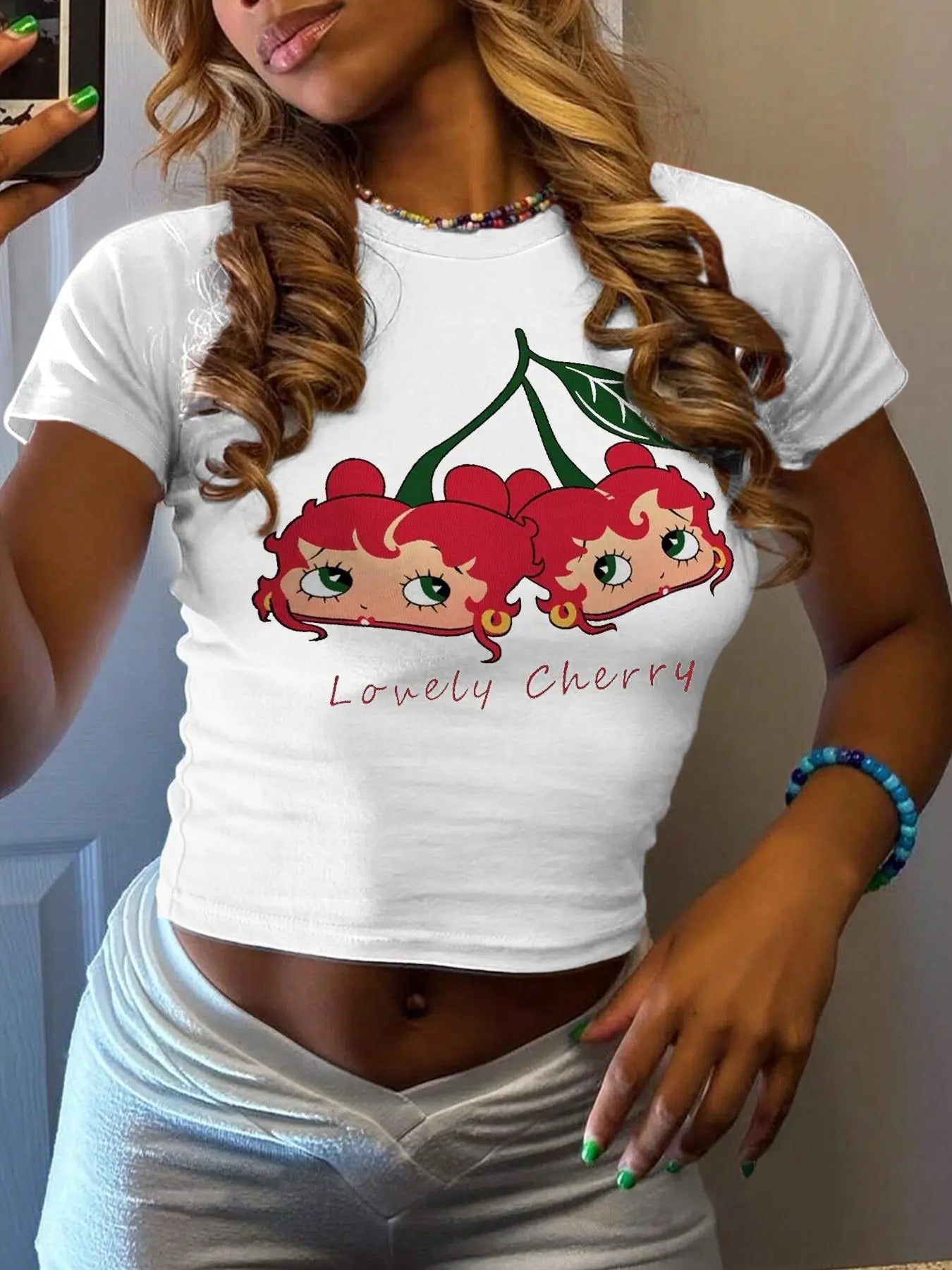 Women's Strawberry Print Round Neck Crop Tee, Casual Short Sleeve Crew Neck T-shirt for Summer, Fashion Women's Top for...