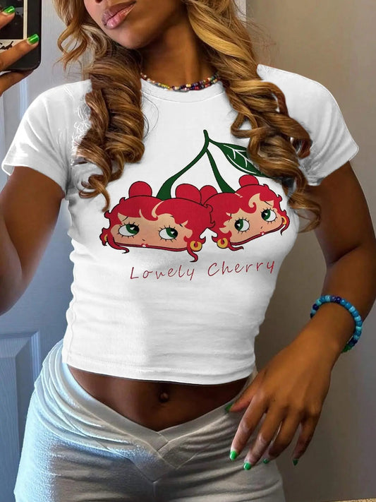 Women's Strawberry Print Round Neck Crop Tee, Casual Short Sleeve Crew Neck T-shirt for Summer, Fashion Women's Top for...