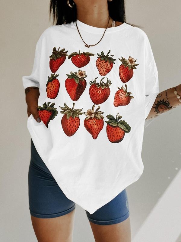 Women's Strawberry Print Round Neck Tee, Casual Fruit Print Short Sleeve Crew Neck T-Shirt for Summer, Fashion Women's...