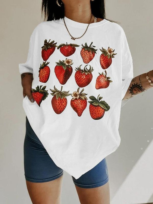 Women's Strawberry Print Round Neck Tee, Casual Fruit Printed Short Sleeve T-shirt for Summer, Ladies Clothes for Daily...