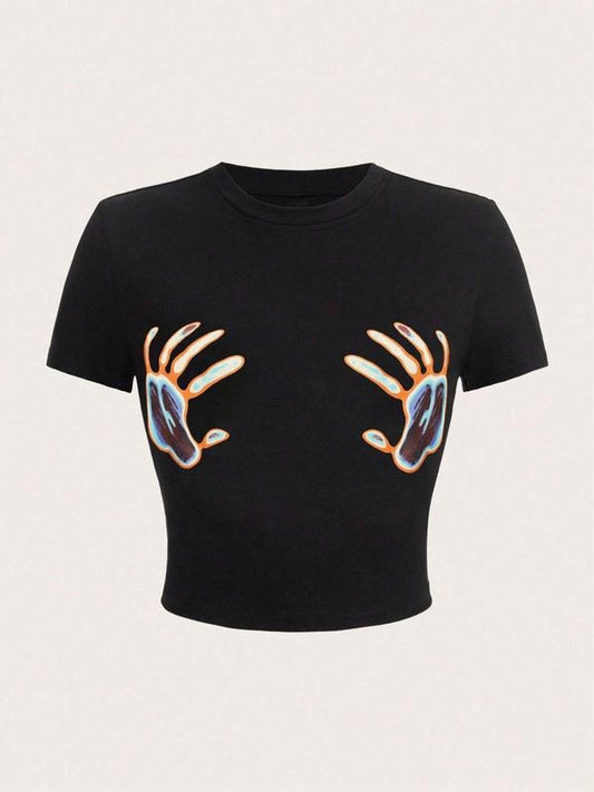 Women's Streetwear Graphic Round Neck Crop Tee, Casual Short Sleeve Crew Neck T-Shirt for Daily Wear, Ladies Clothes for...