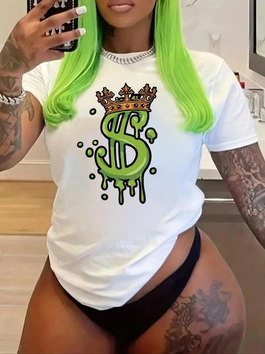 Women's Streetwear Money Graphic Round Neck Tee, Short Sleeve Crew Neck T-shirt, Casual Top for Women, Comfort Womenswear...