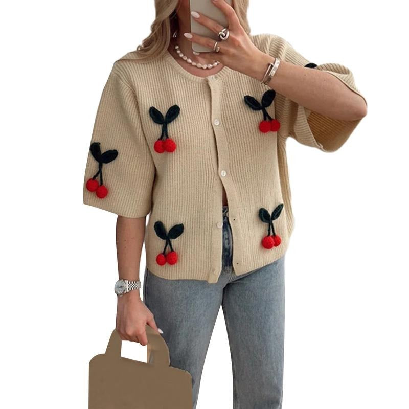 Women's Summer Knit Tops Half Sleeve O Neck Button Up Cherry Embroidery Knitwear for Party T-Shirts, Hoodie, Sweatshirt