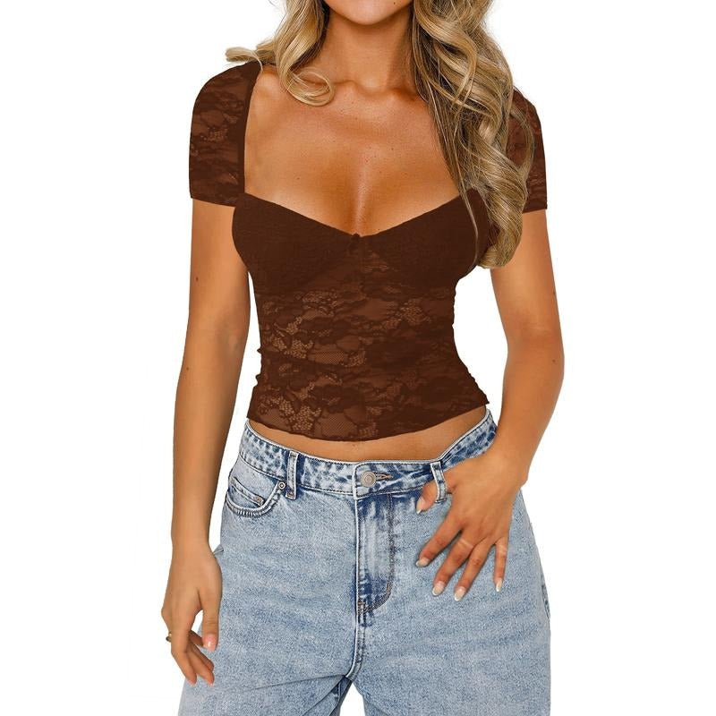 Women's Summer Slim Crop Tops Short Sleeve Low Cut Sheer Lace Floral Club T-shirt Spandex Womenswear Hoodie, Sweatshirt