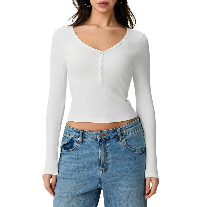 Women's SummerCropped Tops Solid Color Ribbed Long Sleeve V-Neck Button Show Navel T-Shirt Hoodie, Sweatshirt