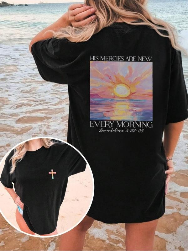 Women's Sun & Letter Print Round Neck Tee, Casual Short Sleeve Crew Neck T-shirt for Summer, Women's Top for Daily Wear...