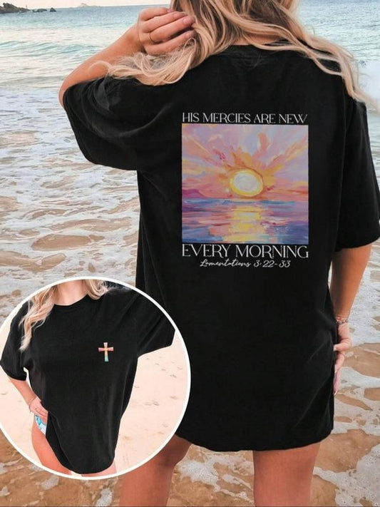 Women's Sun & Letter Print Round Neck Tee, Casual Short Sleeve Crew Neck T-shirt for Summer, Women's Top for Daily Wear...