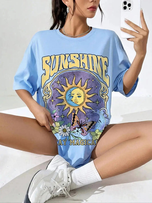 Women's Sun & Moon & Butterfly & Letter Print Round Neck Tee, Summer Clothes Women, Vintage Trendy Casual Graphic Drop...