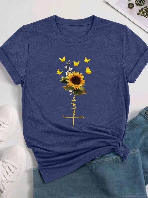 Women's Sunflower & Letter Print Round Neck Tee, Casual Short Sleeve Crew Neck T-shirt for Daily Wear, Ladies Clothes for...
