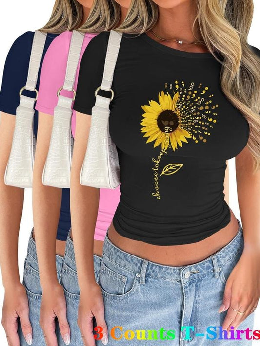 Women's Sunflower & Letter Print Short Sleeve Tee, Casual Round Neck T-shirt for Summer, Ladies Clothes for Daily Wear,...