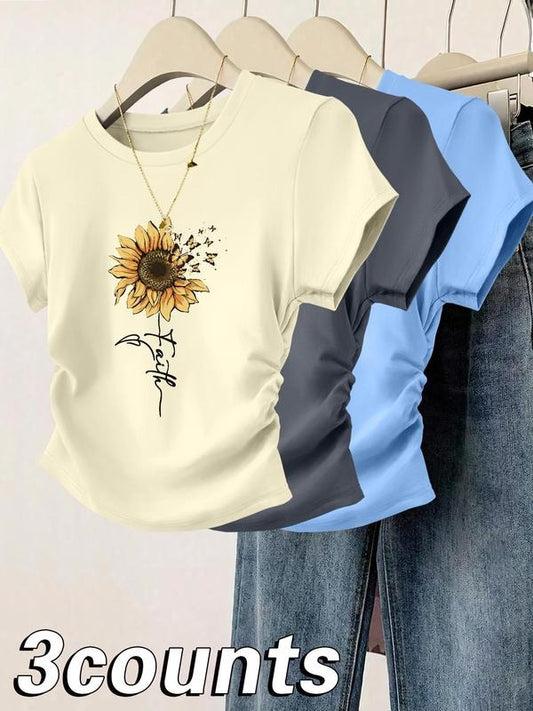 Women's Sunflower & Letter Print Tee, Casual Short Sleeve Round Neck T-shirt for Daily Wear, Ladies Clothes for All...