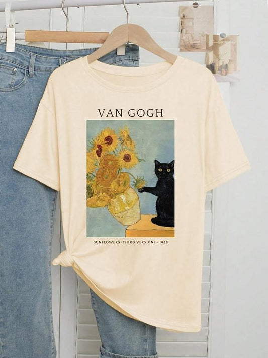 Women's Sunflowers & Van Gogh Oil Painting Print Round Neck Tee, Fashion Casual Crew Neck T-shirt for Daily Holiday...